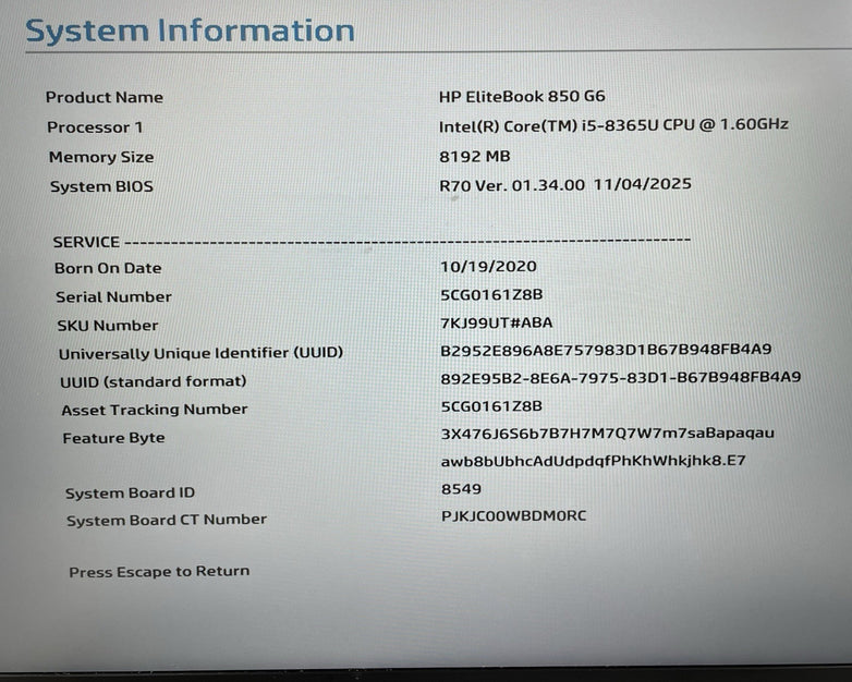 HP EliteBook 850 G6 15.6" i5-8365U 1.60 GHz 8 GB RAM No SSD/OS/AC - Bottom Latch