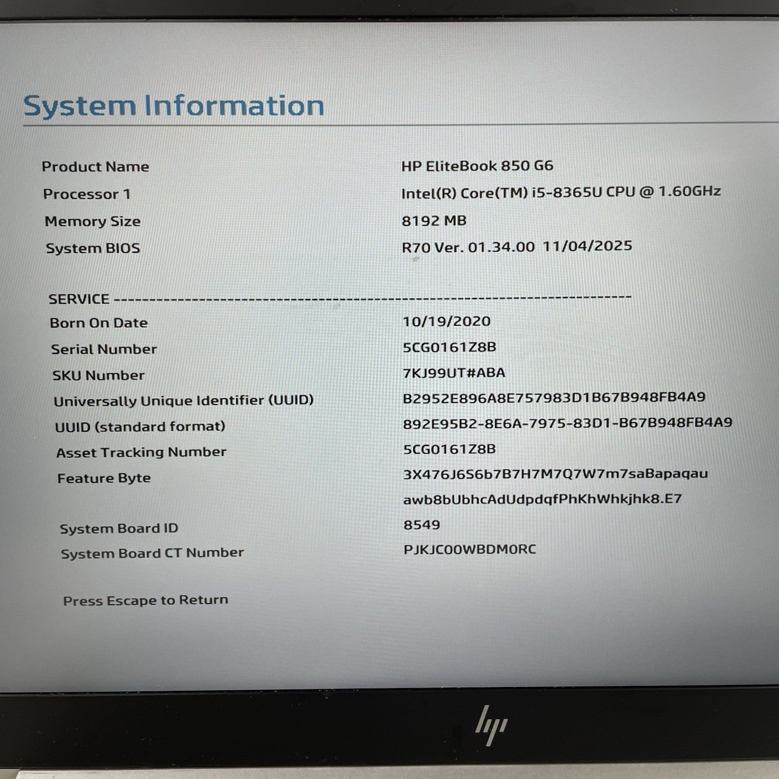 HP EliteBook 850 G6 15.6" i5-8365U 1.60 GHz 8 GB RAM No SSD/OS/AC - Bottom Latch2