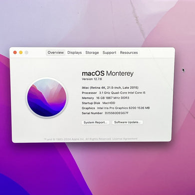 Apple A1418 iMac Retina 4k 21.5" 2015 3.1GHz i5 16GB RAM 1TB Fusion - Cracked