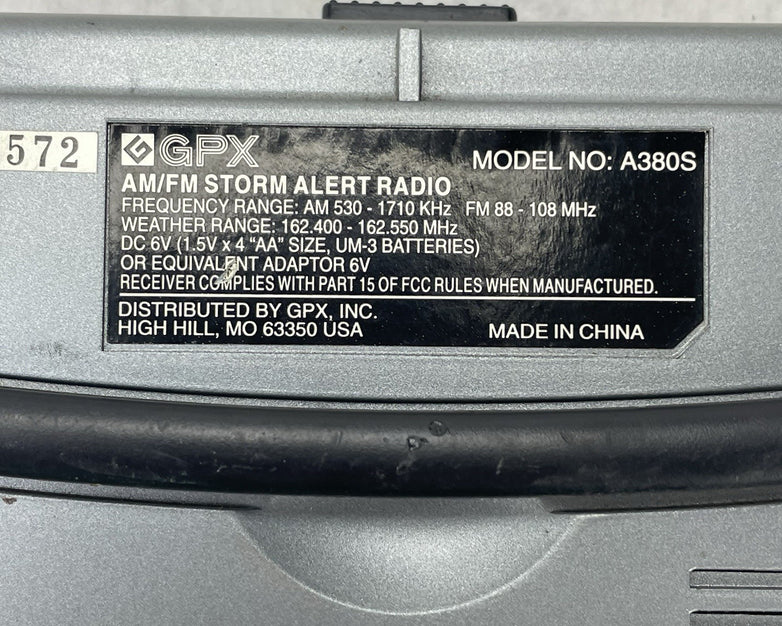 GPX A380S AM/FM Weather Band Radio Storm Alert Battery Indicator Silver