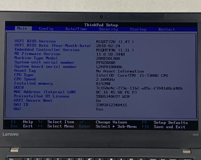 Lenovo ThinkPad T470 Intel Core i5-7300U 2.6 GHz 8 GB RAM 14.0" No HDD No OS