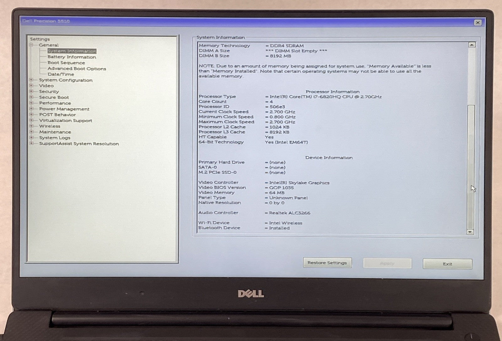 Dell Precision 5510 Core i7-6820HQ 2.7 GHz 8GB RAM 15.6" No Battery No HDD No OS