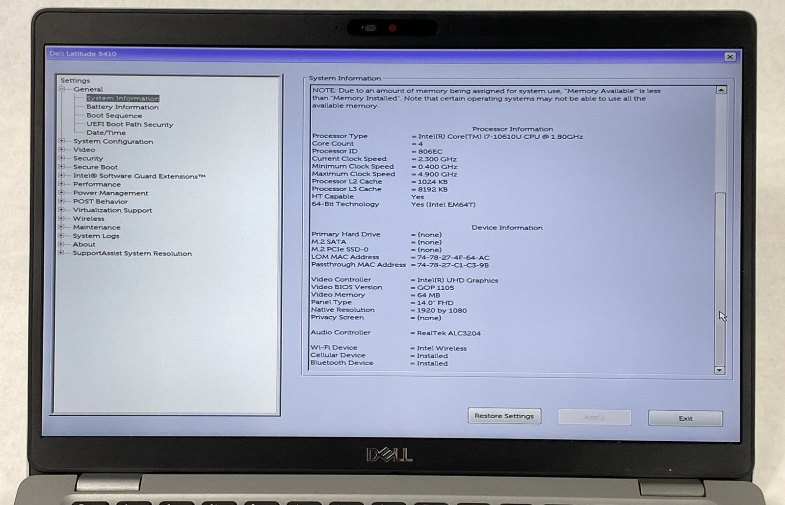 Dell Latitude 5410 Intel Core i7-10610U 1.80 GHz 16 GB RAM 14" No HDD No OS