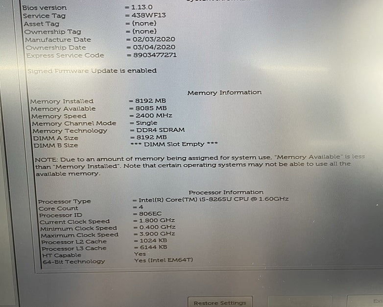 Dell Latitude 5500 15.6" i5-8265U 1.60 GHz 8 GB RAM No SSD/OS/AC