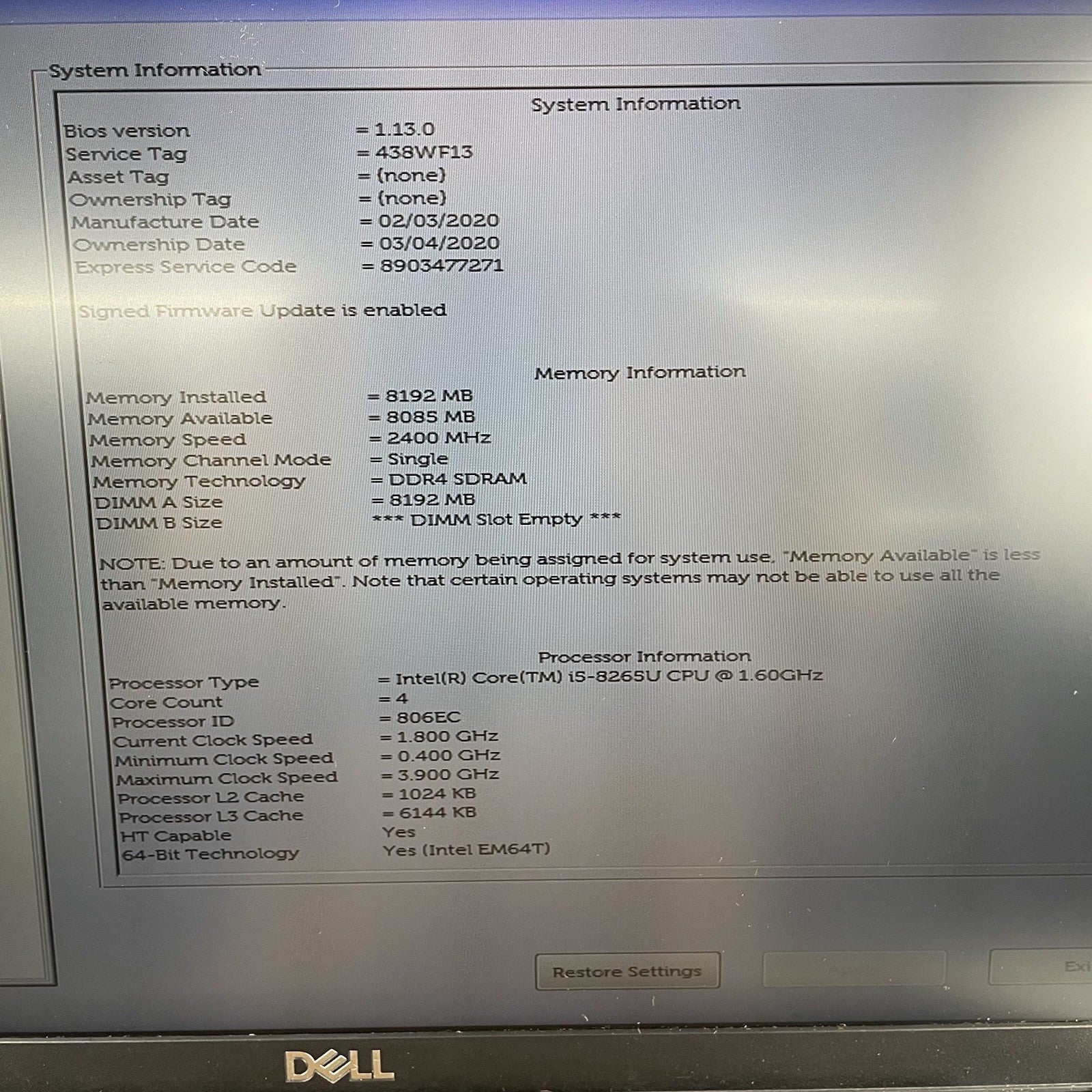 Dell Latitude 5500 15.6" i5-8265U 1.60 GHz 8 GB RAM No SSD/OS/AC4