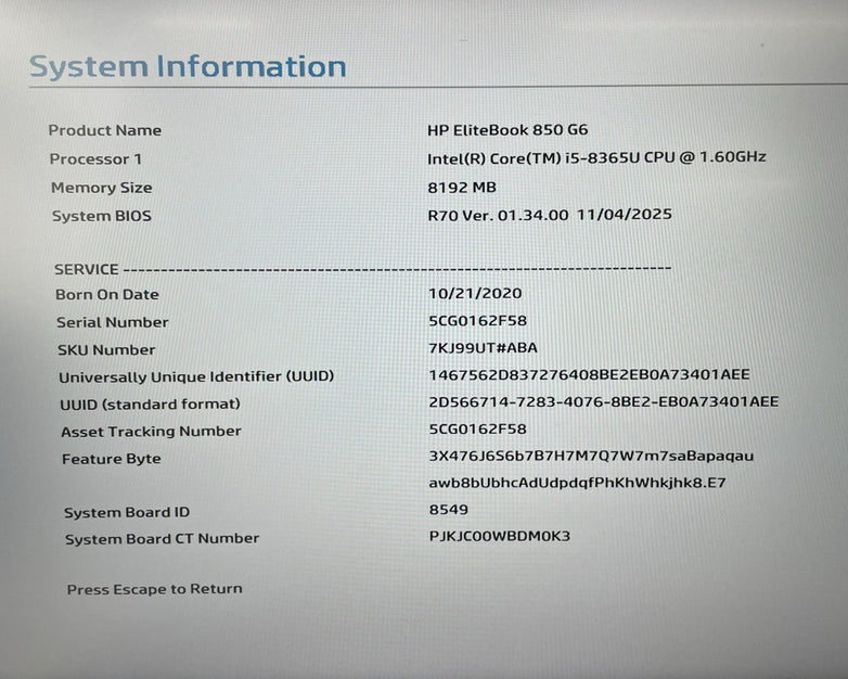HP EliteBook 850 G6 15.6" i5-8365U 1.60 GHz 8 GB RAM No SSD/OS/AC - Melted Keys