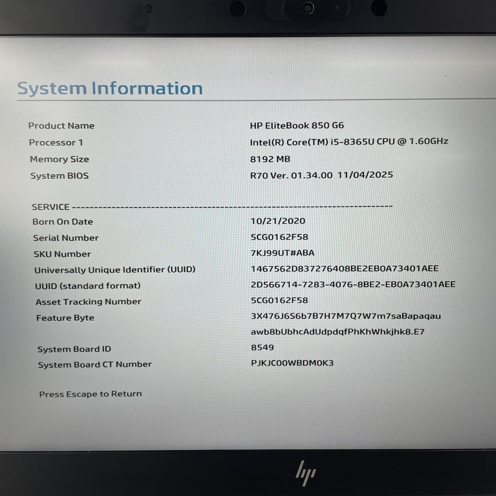 HP EliteBook 850 G6 15.6" i5-8365U 1.60 GHz 8 GB RAM No SSD/OS/AC - Melted Keys4