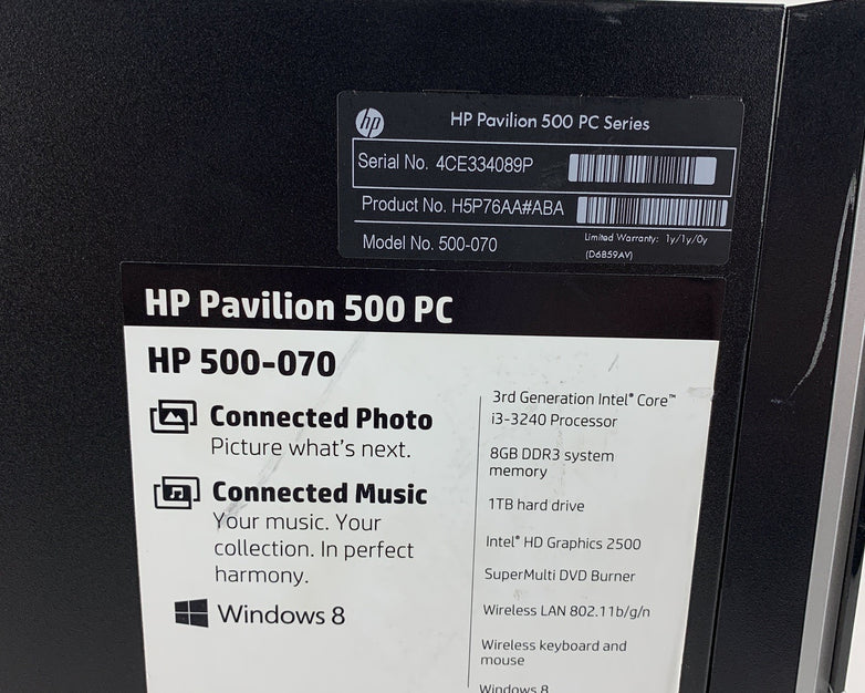 HP Pro 500-070 500 Series MT Desktop Core i3-3240 3.40 GHz 8 GB RAM No OS No HDD
