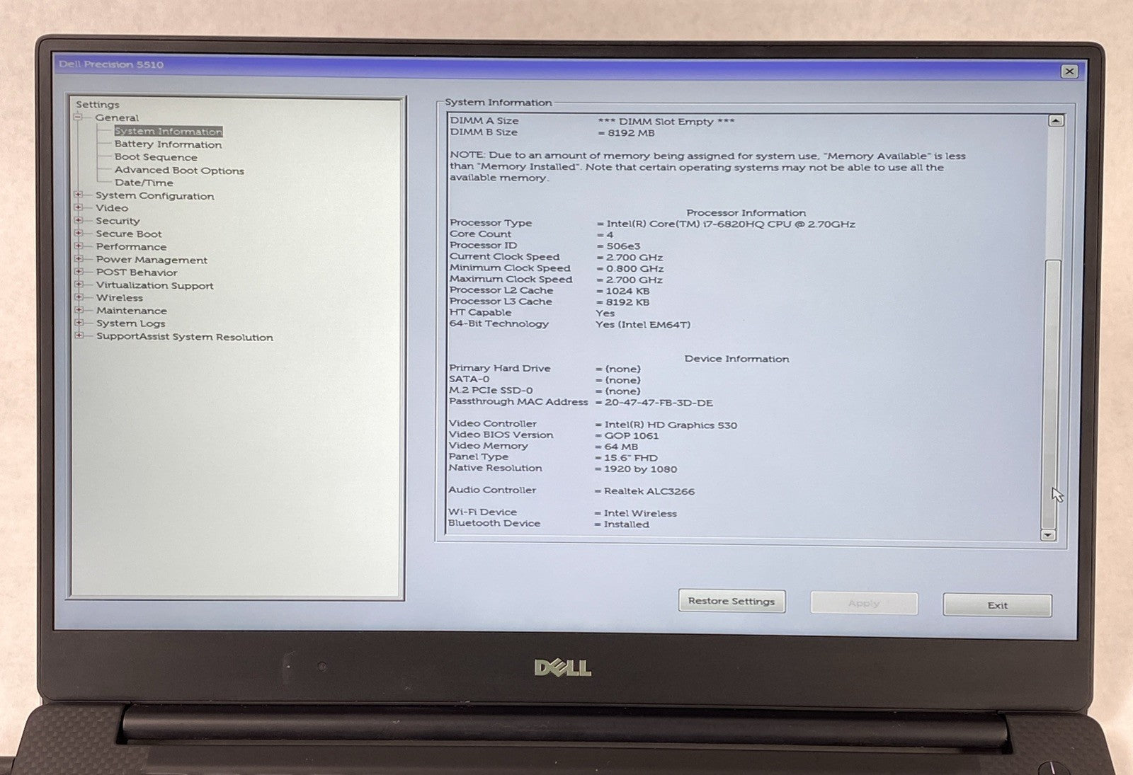 Dell Precision 5510 Core i7-6820HQ 2.70 GHz 8 GB RAM 15.6" No Battery No HDD/OS
