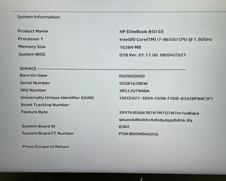 HP EliteBook 850 G5 15.6" i7-8650U 1.90 GHz 16 GB RAM No SSD/OS/AC - Keyboard