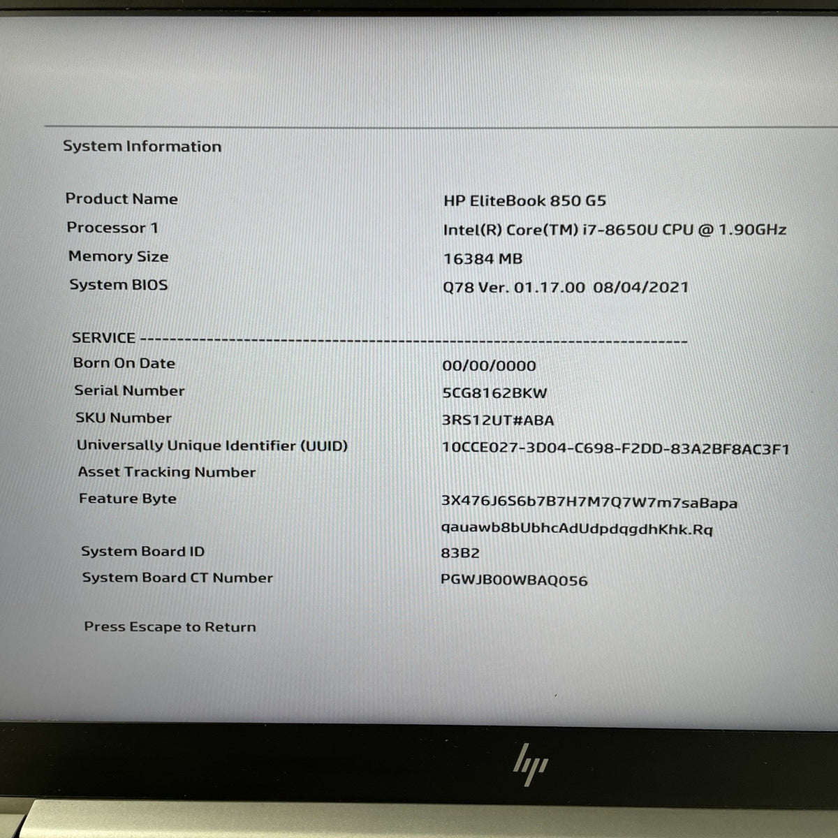 HP EliteBook 850 G5 15.6" i7-8650U 1.90 GHz 16 GB RAM No SSD/OS/AC - Keyboard3