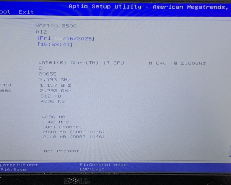 Dell Vostro 3500 Laptop i7 M 640 2.8 GHz 4 GB Ram No OS No HDD No Batt No AC