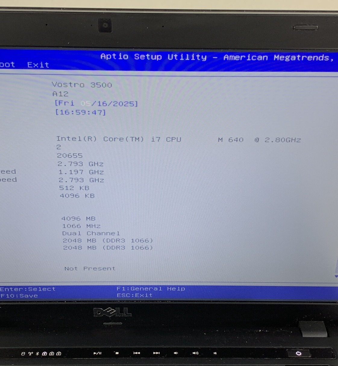 Dell Vostro 3500 Laptop i7 M 640 2.8 GHz 4 GB Ram No OS No HDD No Batt No AC