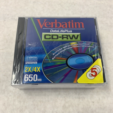 5 Pack Verbatim DataLifePlus CD-RW Recordable Disk 2x-4x Speed 650MB