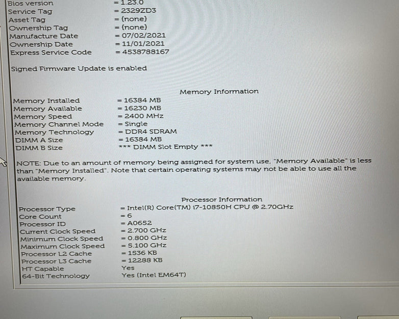 Dell Precision 3551 15.6" i7-10850H 2.70 GHz 16 GB RAM No SSD/OS/AC/Batt - READ