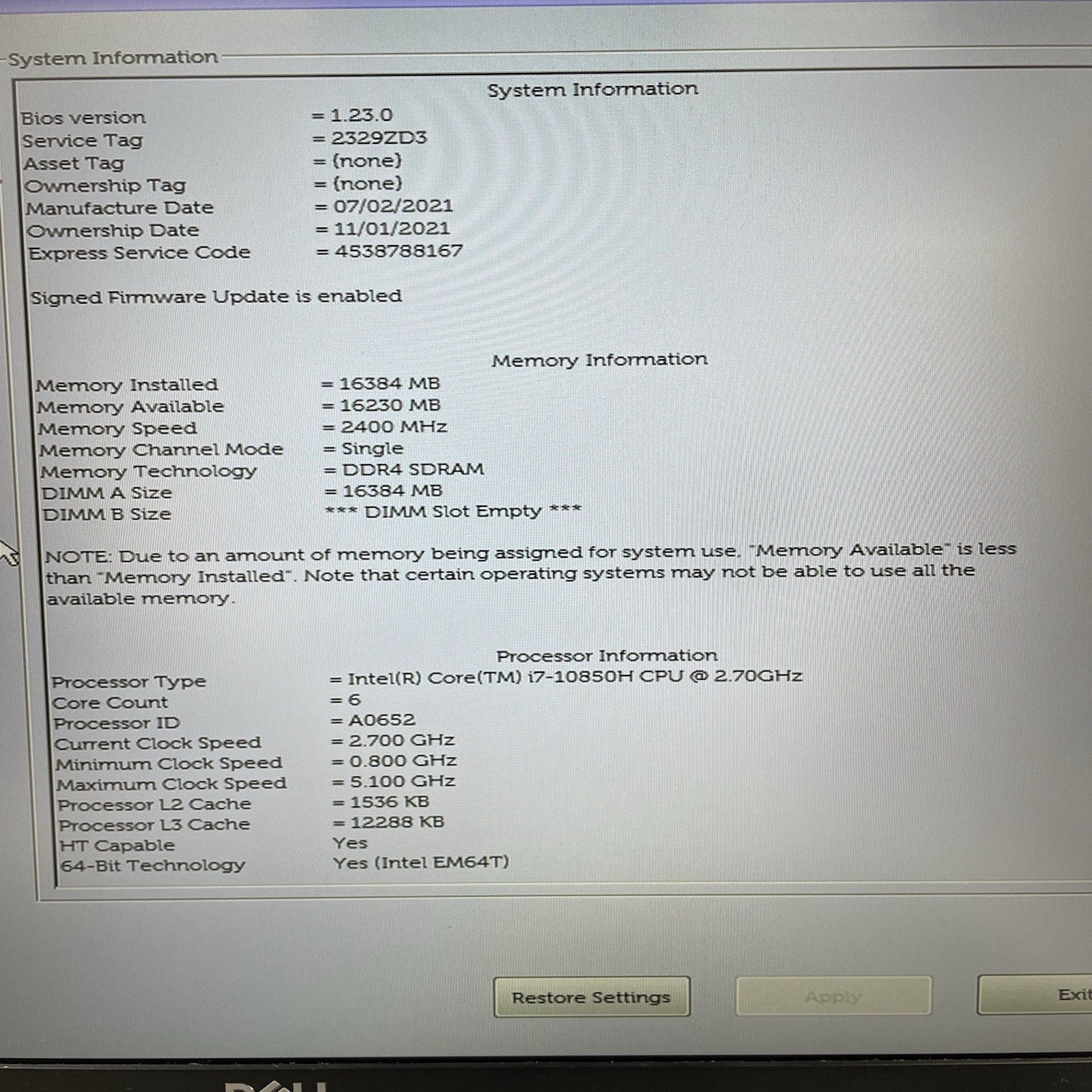 Dell Precision 3551 15.6" i7-10850H 2.70 GHz 16 GB RAM No SSD/OS/AC/Batt - READ2