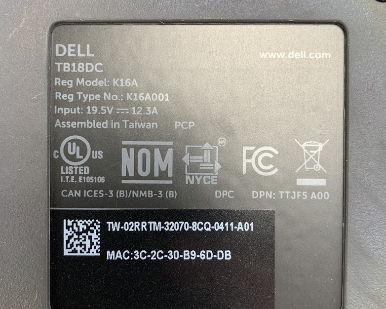 Dell TB18DC K16A Dual USB-C Wired Thunderbolt Docking Station - No AC Adapter