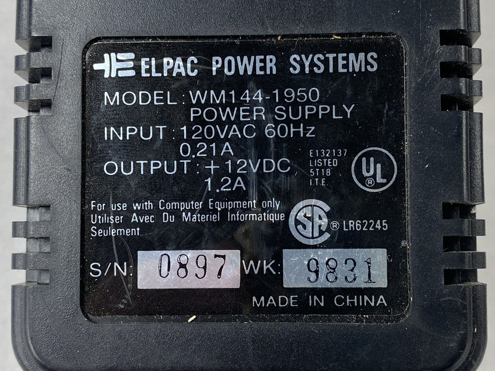 Elpac Power Systems WM144-1950 12vDC 1.2A Power Supply