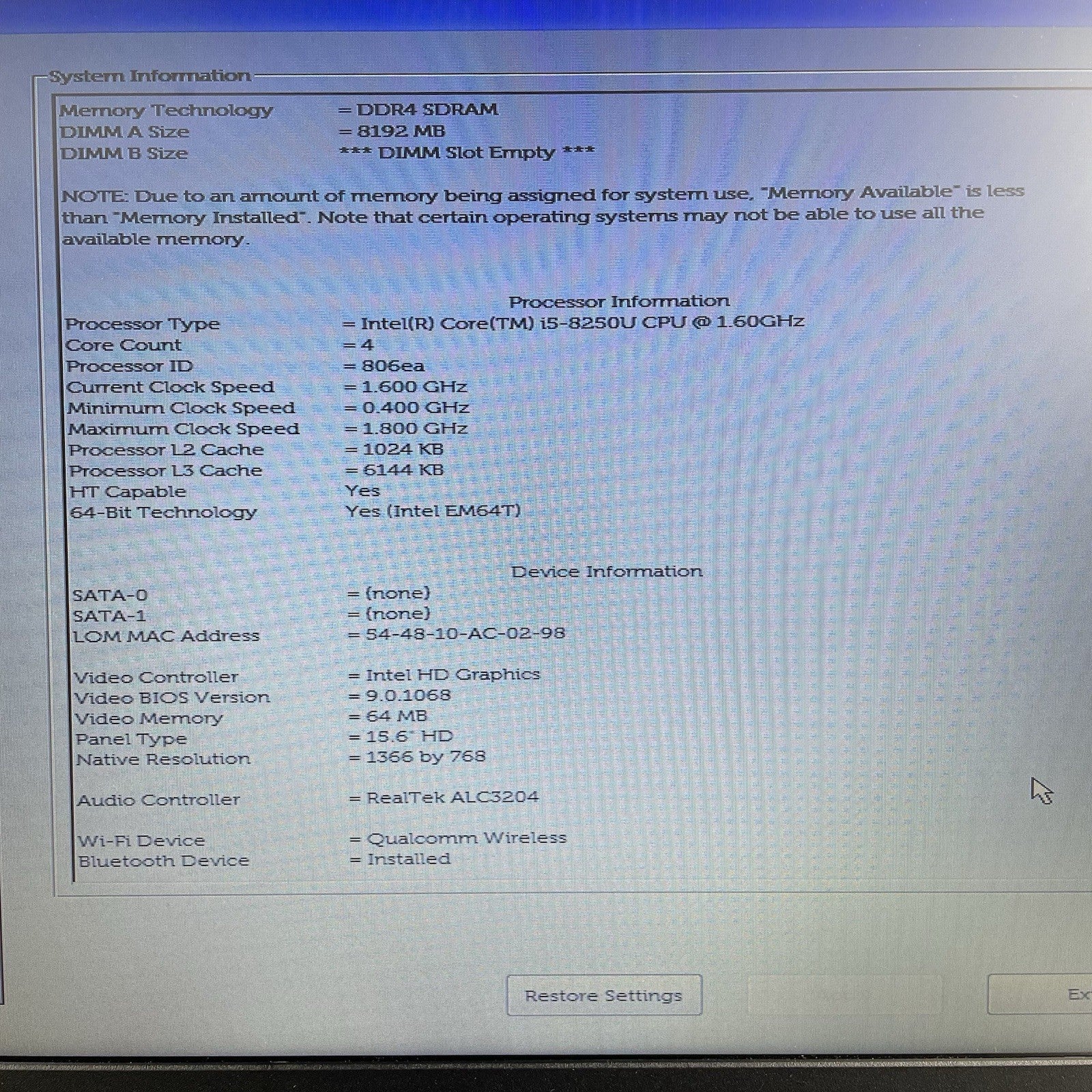 Dell Inspiron 3576 15.6" i5-8250U 1.60 GHz 8 GB RAM No SSD/OS/AC/Batt3