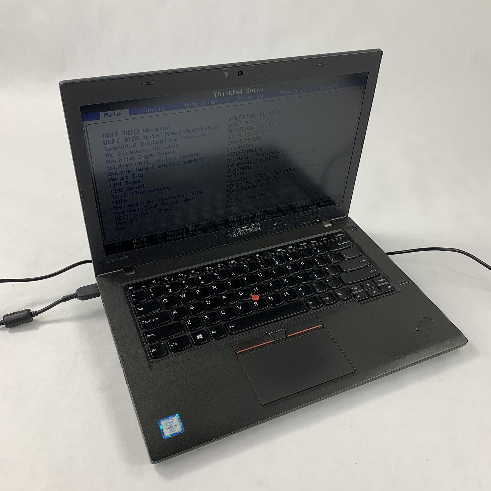 Lenovo Thinkpad T460 Core i5-6300U 2.4 GHz 8 GB Ram No OS No HDD No AC