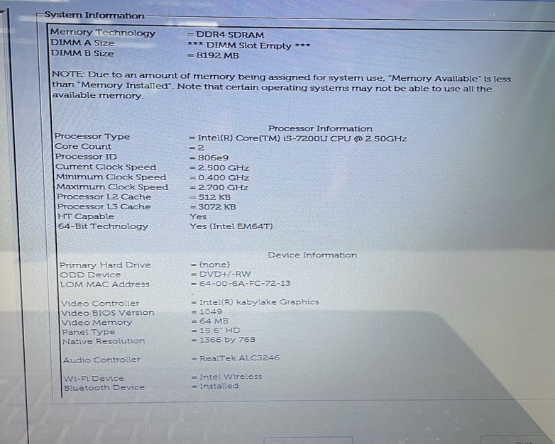 Dell Inspiron 5567 15.6" i5-7200U 2.50 GHz 8 GB RAM No SSD/OS/AC