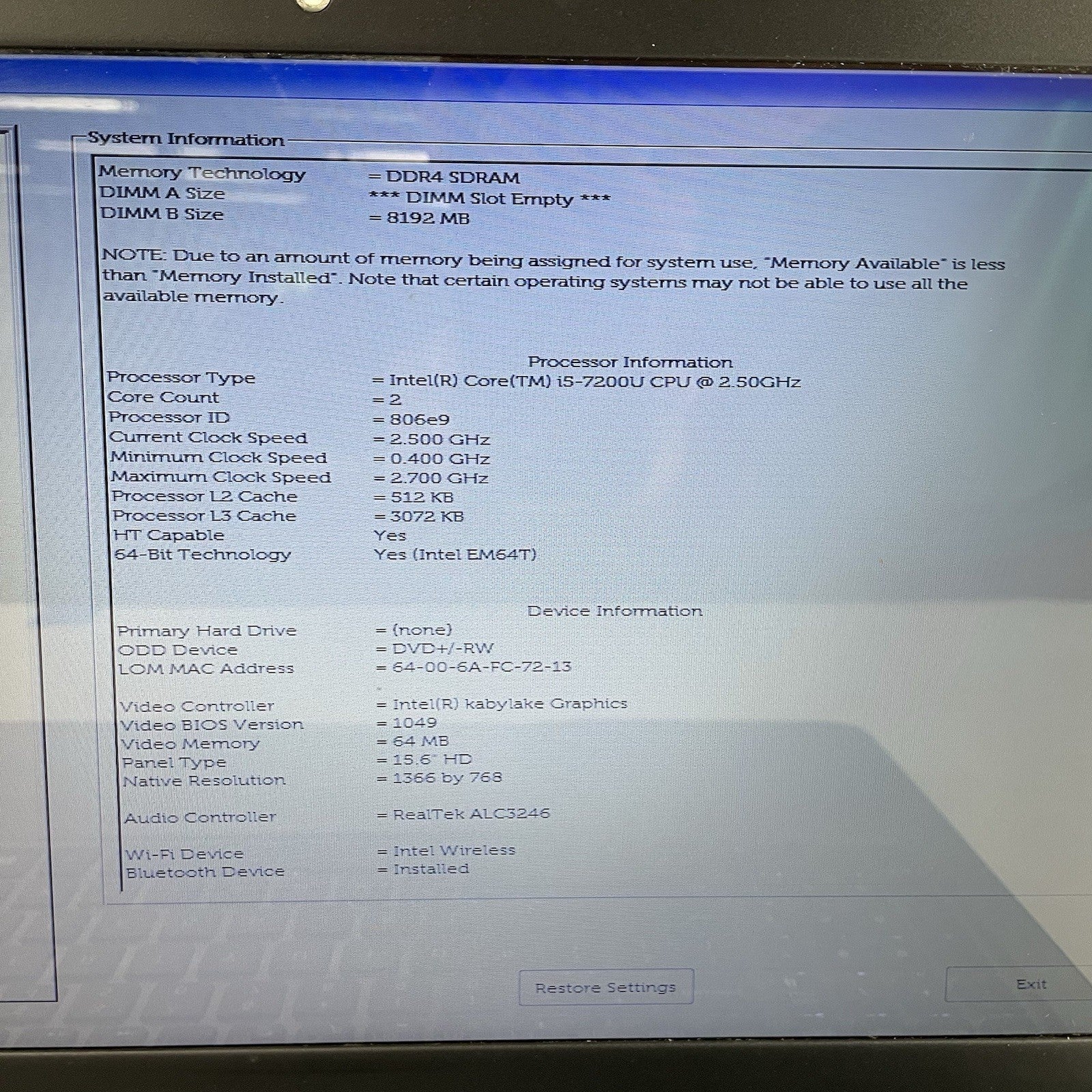 Dell Inspiron 5567 15.6" i5-7200U 2.50 GHz 8 GB RAM No SSD/OS/AC2
