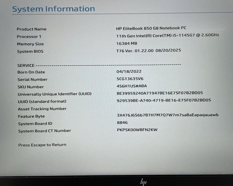 HP EliteBook 850 G8 15.6" i5-1145G7 2.60 GHz 16 GB RAM No SSD/OS/AC- Missing Key