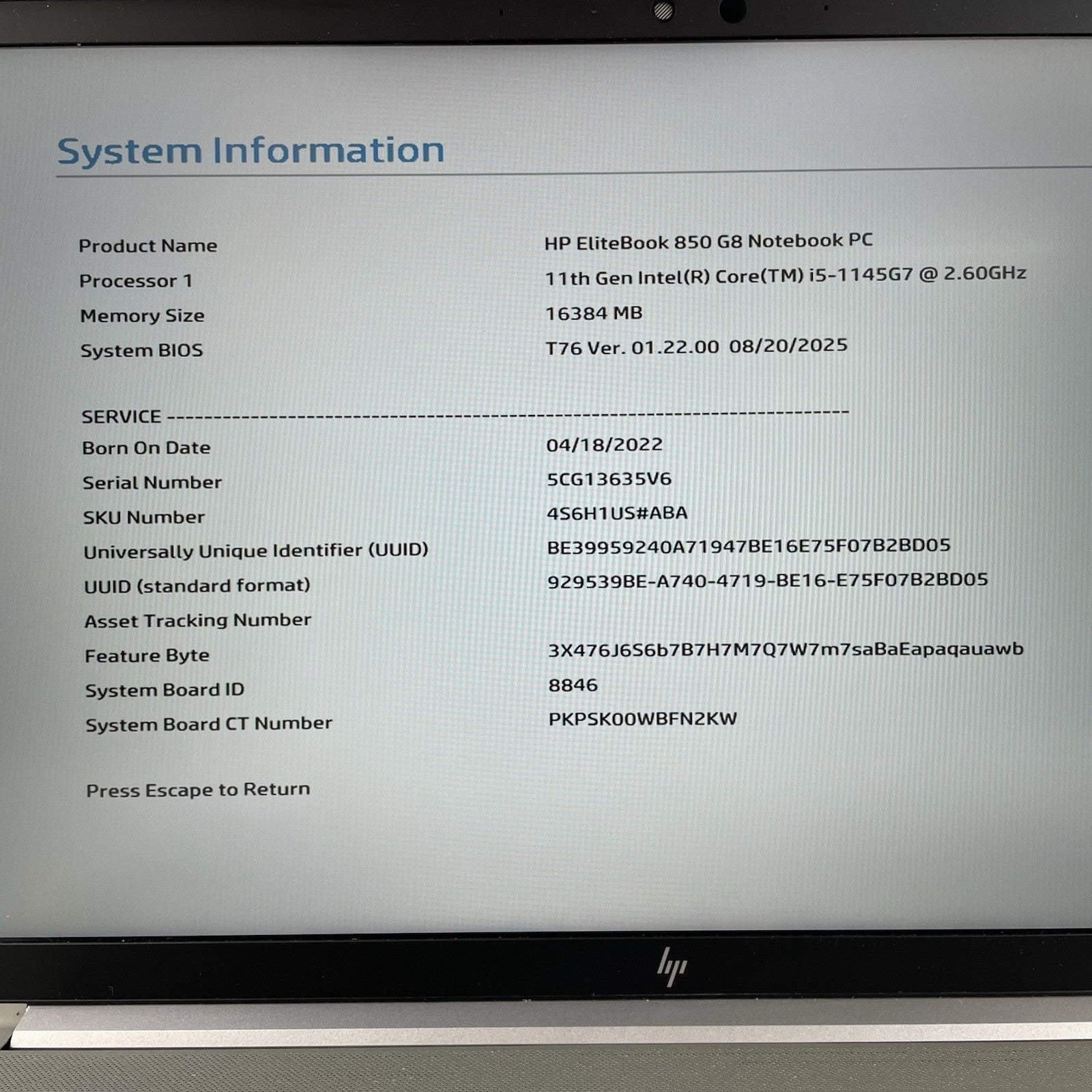 HP EliteBook 850 G8 15.6" i5-1145G7 2.60 GHz 16 GB RAM No SSD/OS/AC- Missing Key3