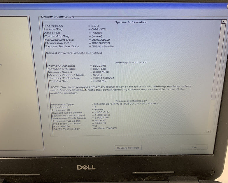 Dell Latitude 3300 13.3" i5-8250u 1.6 GHz 8 GB Ram NO OS No HDD No Batt No AC