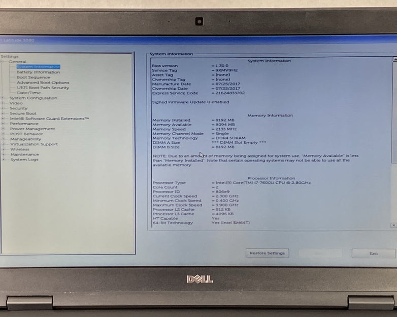 Dell Latitude 5580 Intel Core i7-7600U 2.80GHz 8GB RAM 15.6" No HDD No OS