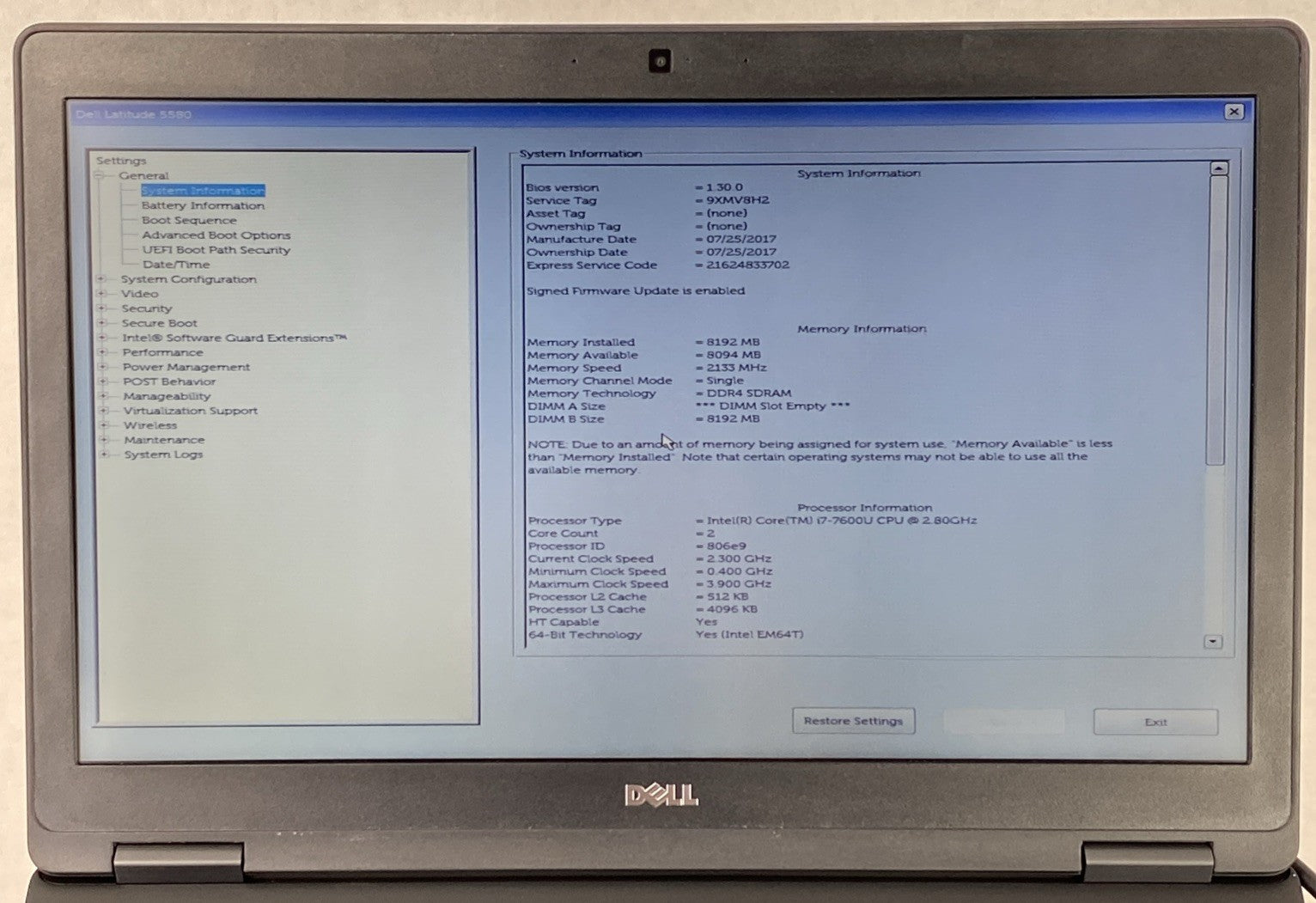 Dell Latitude 5580 Intel Core i7-7600U 2.80GHz 8GB RAM 15.6" No HDD No OS