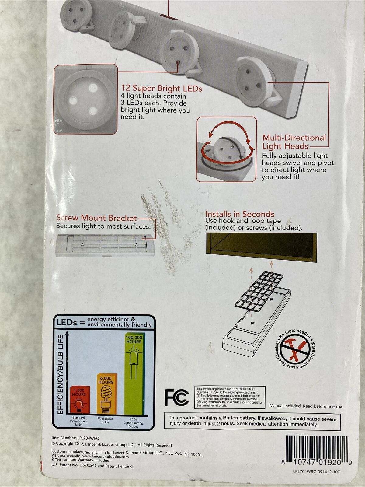 Rite Lite LPL704WRC White Battery Powered LED Strip Light NOS