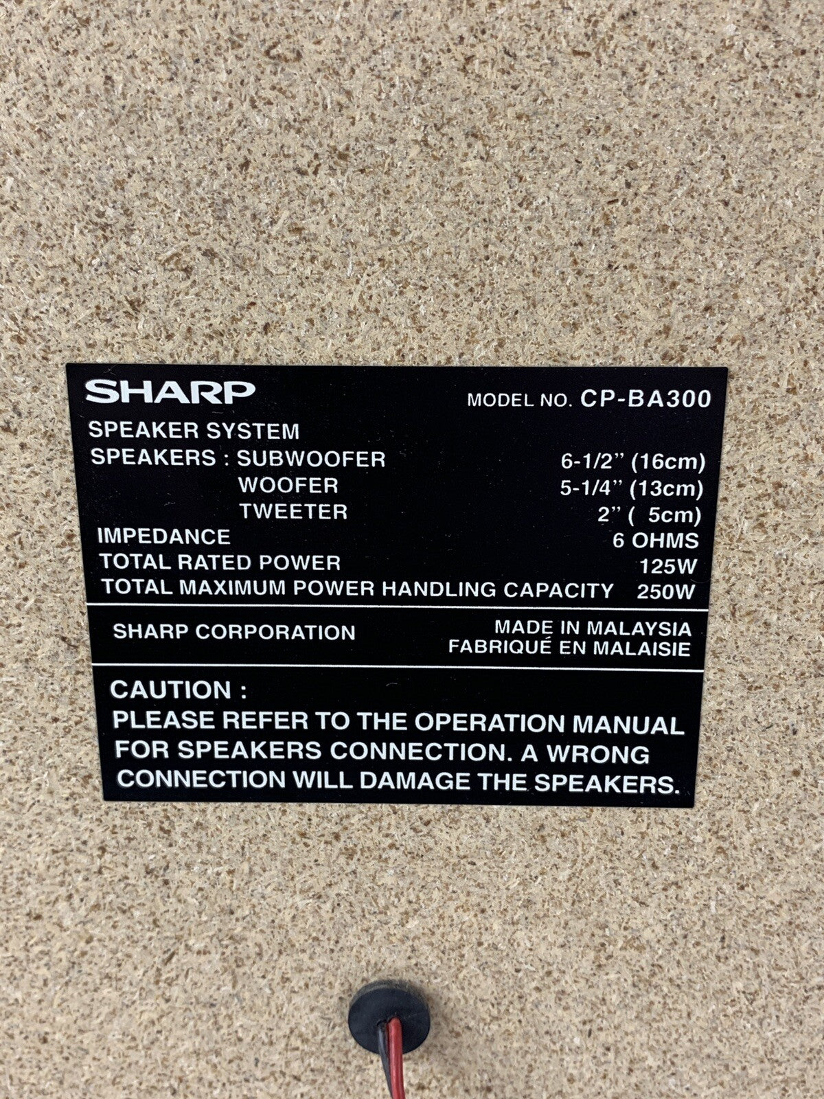 Sharp CP-BA300 Speaker with Integrated Subwoofer Tweeter 250w 6 Ohm Tested