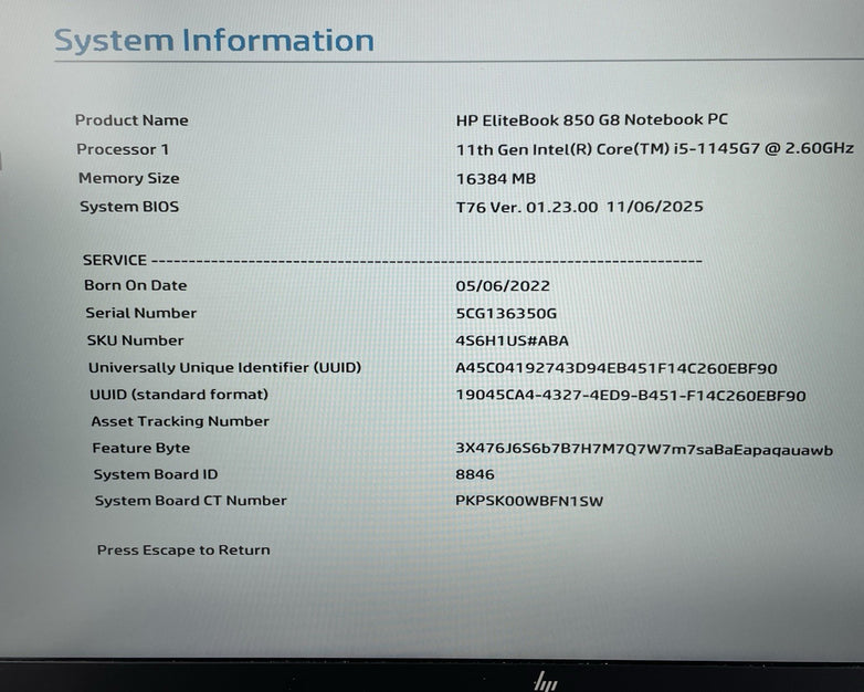HP EliteBook 850 G8 15.6" i5-1145G7 2.60 GHz 16 GB RAM No SSD/OS/AC/Batt