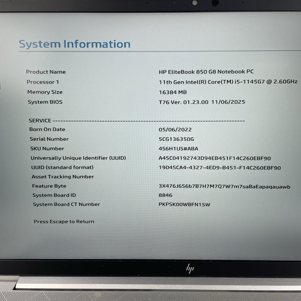 HP EliteBook 850 G8 15.6" i5-1145G7 2.60 GHz 16 GB RAM No SSD/OS/AC/Batt3