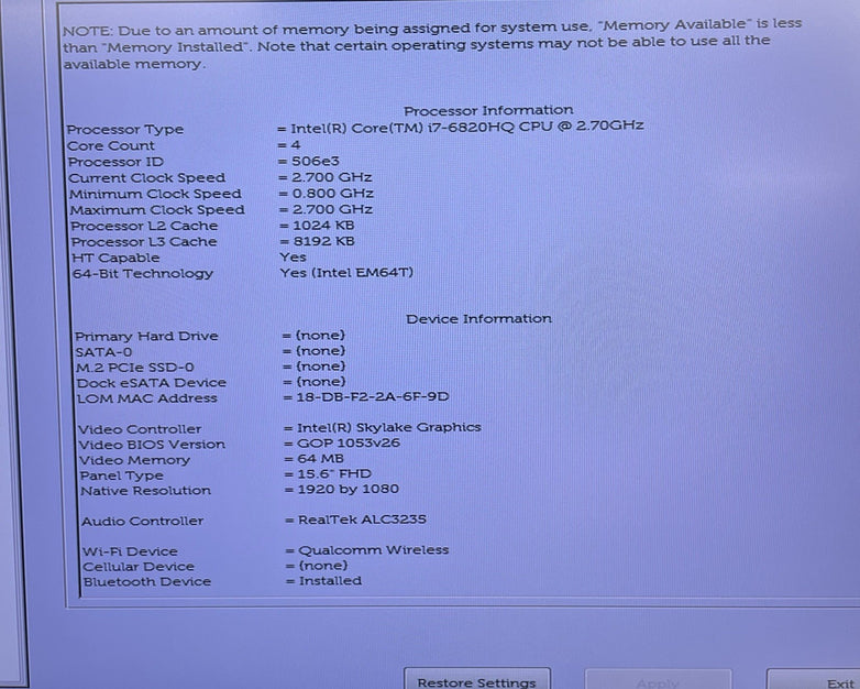 Dell Precision 7510 15.6" i7-6820HQ 2.70 GHz 8 GB RAM No SSD/OS/AC/Batt - READ