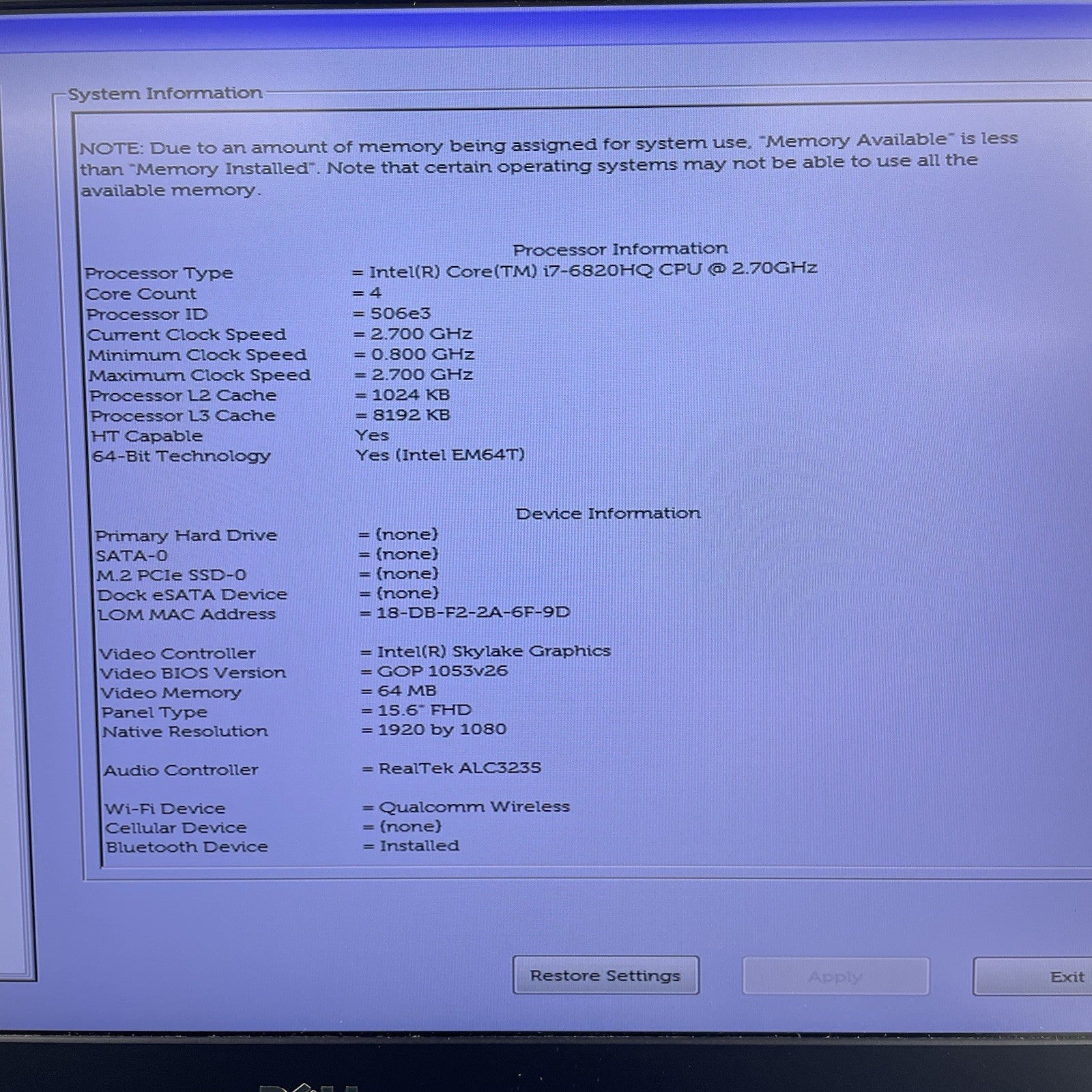 Dell Precision 7510 15.6" i7-6820HQ 2.70 GHz 8 GB RAM No SSD/OS/AC/Batt - READ3