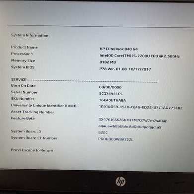 HP EliteBook 840 G4 14" i5-7200U 2.50 GHz 8 GB RAM No SSD/OS/AC/Battery