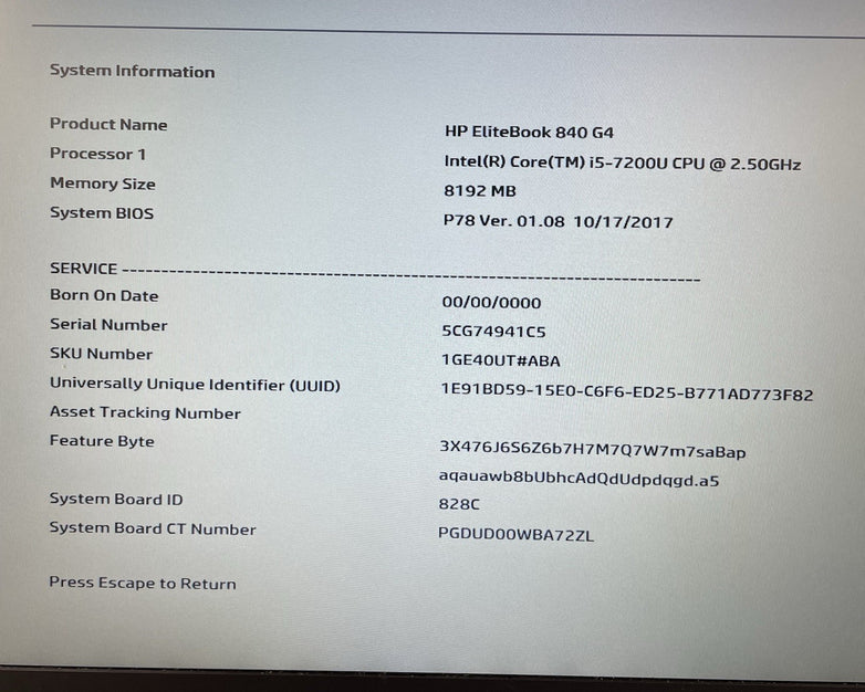 HP EliteBook 840 G4 14" i5-7200U 2.50 GHz 8 GB RAM No SSD/OS/AC/Battery