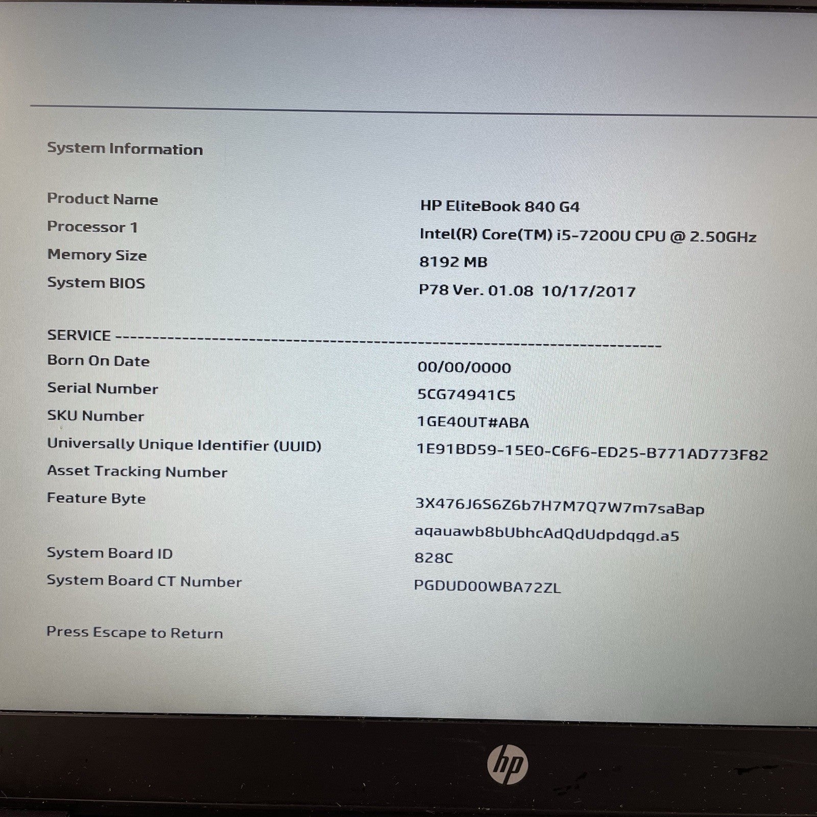 HP EliteBook 840 G4 14" i5-7200U 2.50 GHz 8 GB RAM No SSD/OS/AC/Battery1