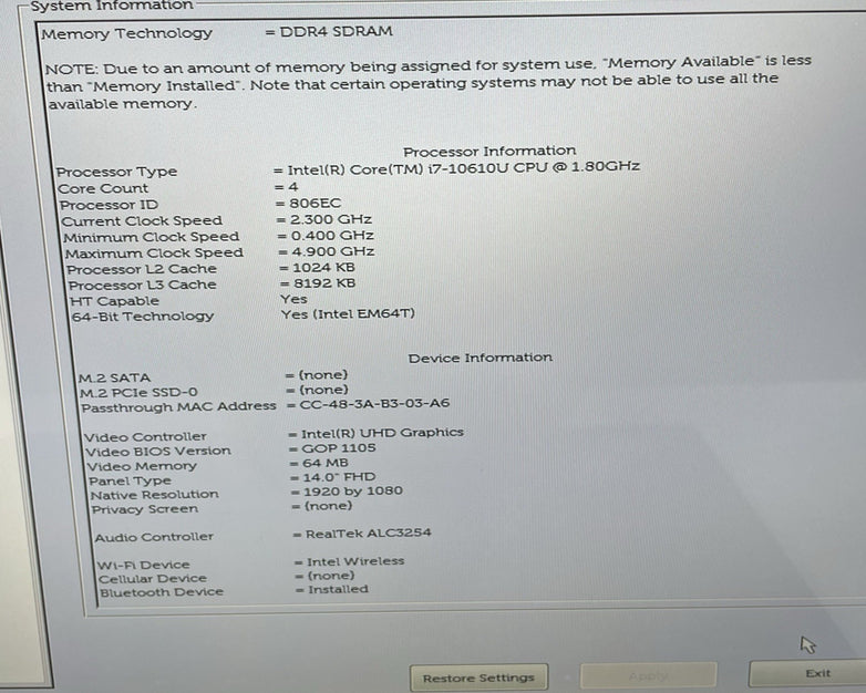 Dell Latitude 7410 14" i7-10610U 1.80 GHz 16 GB RAM No SSD/OS/AC/Batt- Scratches