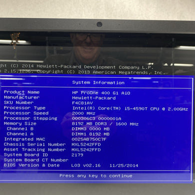 HP ProOne 400 G1 AIO 21.5" Touch Core i5-4590T 2.0GHz 1x8GB RAM No AC No HDD OS