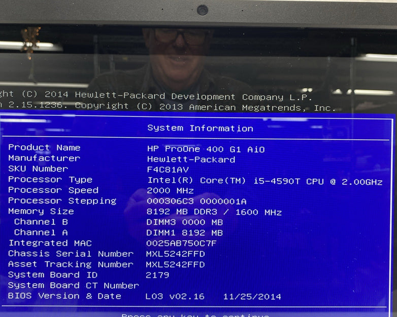 HP ProOne 400 G1 AIO 21.5" Touch Core i5-4590T 2.0GHz 1x8GB RAM No AC No HDD OS