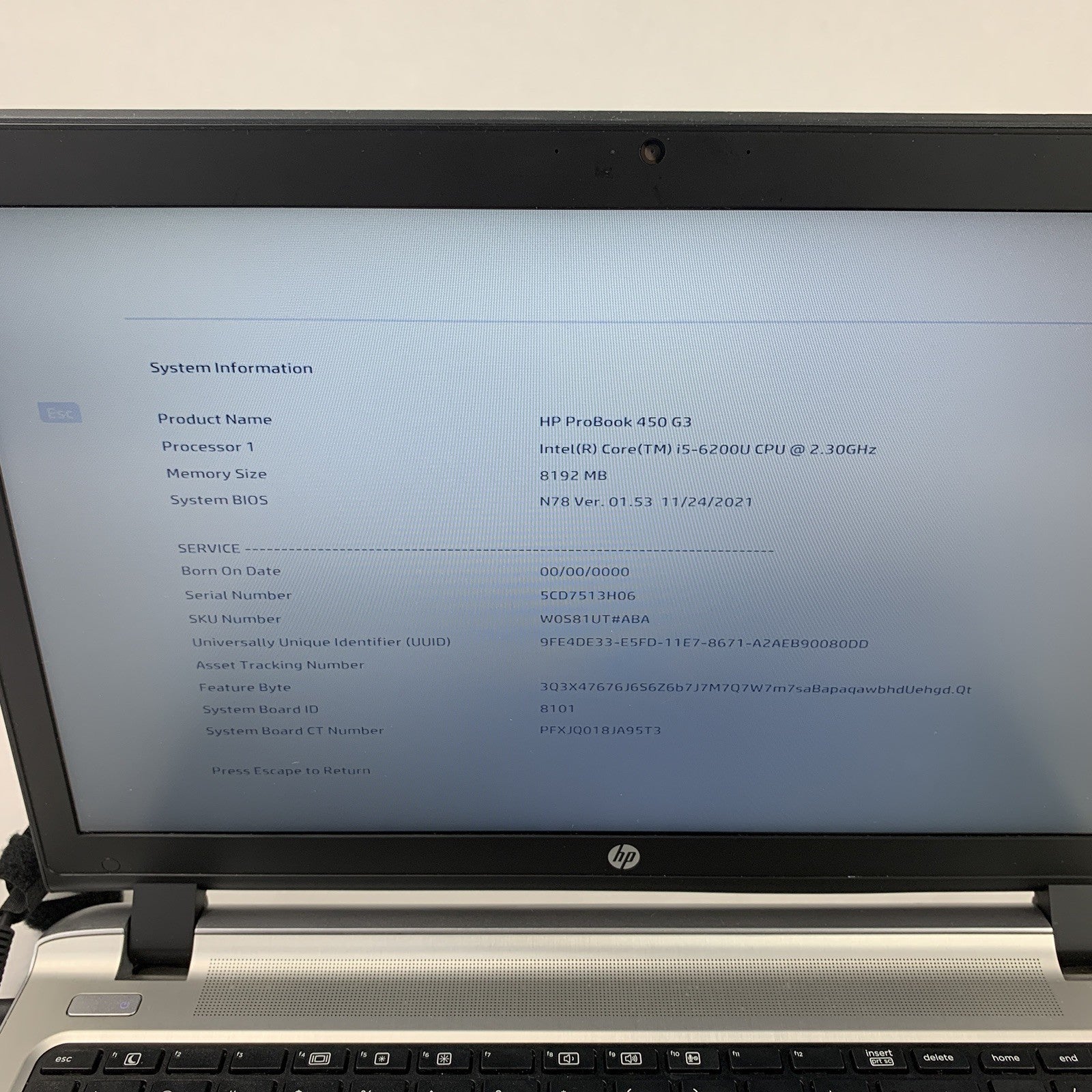 HP Probook 450 G3 Laptop 15.6" i5-6200U 2.3 GHz 8 GB Ram No OS No HDD No AC