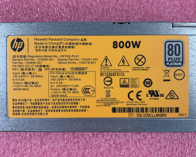 HP HSTNS-PL41 723599-001 800W Power Supply (Lot of 2)