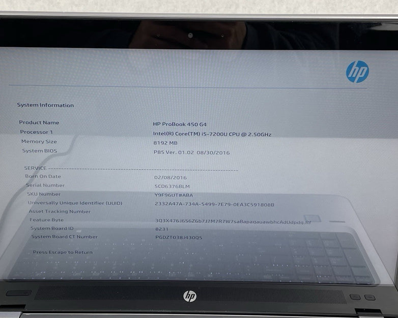 HP ProBook 450 G4 Core i5-7200U 2.50 GHz 8 GB RAM 15.6"  No HDD No OS No AC