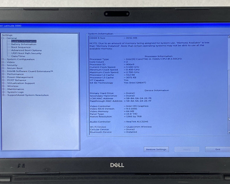 Dell Latitude 3580 Touch Core i5-7200U 2.50GHz 8GB RAM 15.6" No HDD No OS No OS