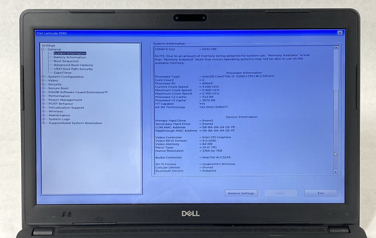Dell Latitude 3580 Touch Core i5-7200U 2.50GHz 8GB RAM 15.6" No HDD No OS No OS