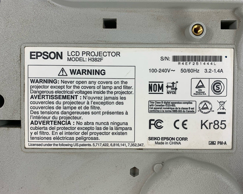 Epson H382F LCD Projector - No Lamp and No Remote - Parts and Repair