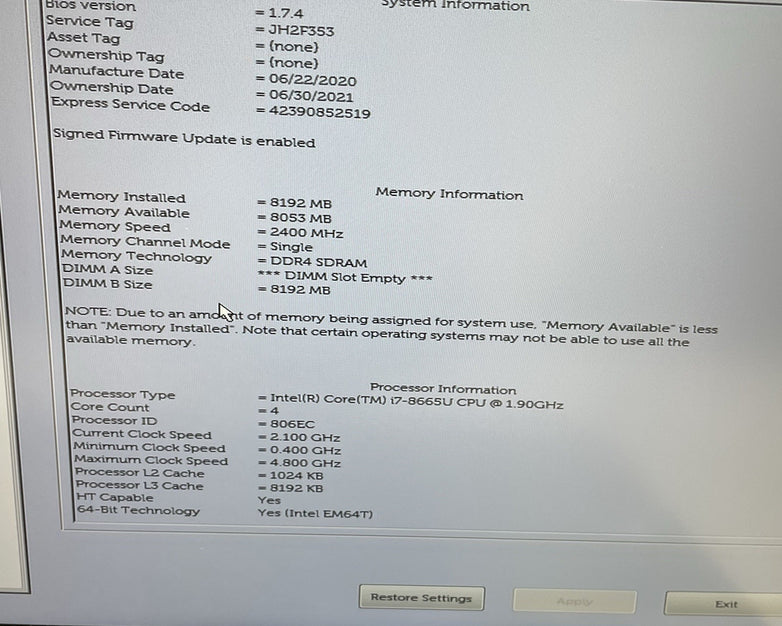 Dell Latitude 5400 14" Core i7-8665U 1.90 GHz 8 GB RAM No HDD No OS